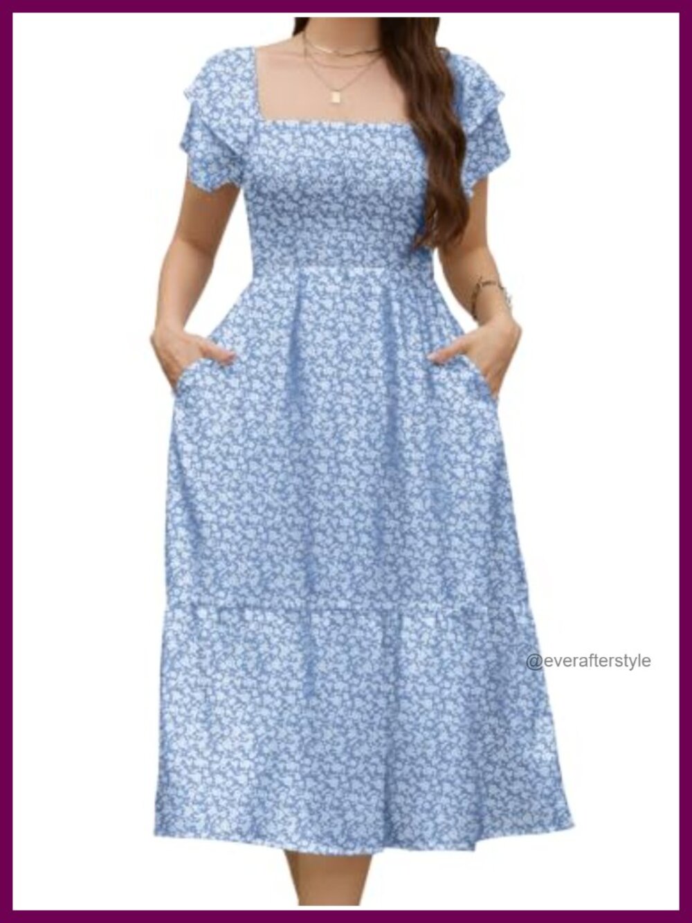 Womens Floral Midi Dress Puff Sleeve Square Neck Smocked Tiered Flowy Casual